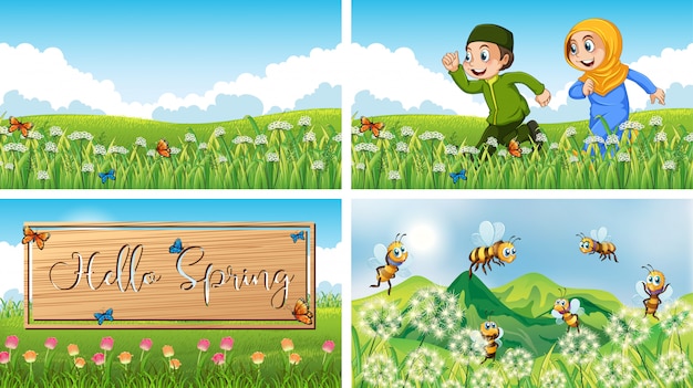 Free vector four background scenes with children and animals in the park