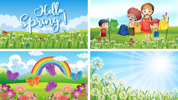 Free vector four background scenes with children and animals in the park