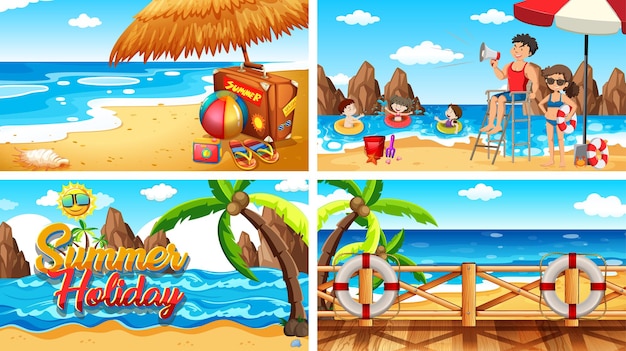 Free Vector four background scenes with people on the beach