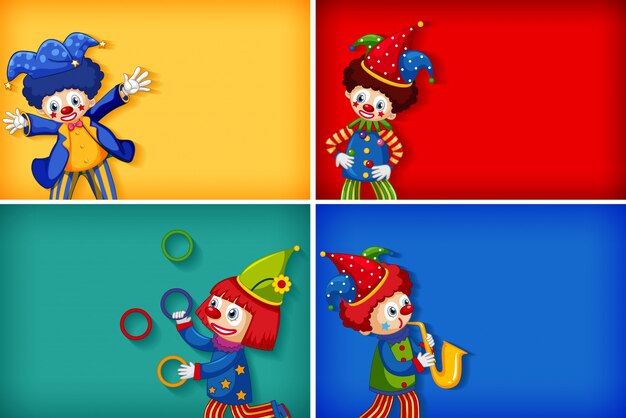 Four background template designs with funny clowns