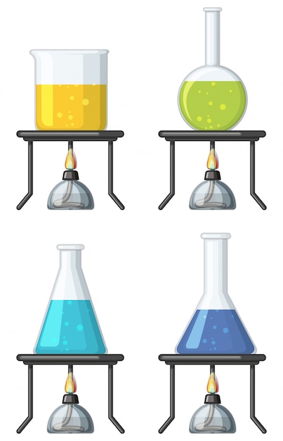 Free vector four beakers with colorful liquid