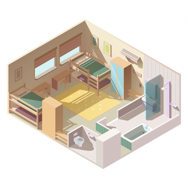 Free vector four-bed room in school camp isometric vector