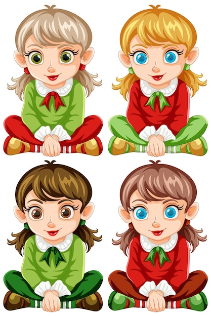 Free Vector four cartoon girls in festive attire