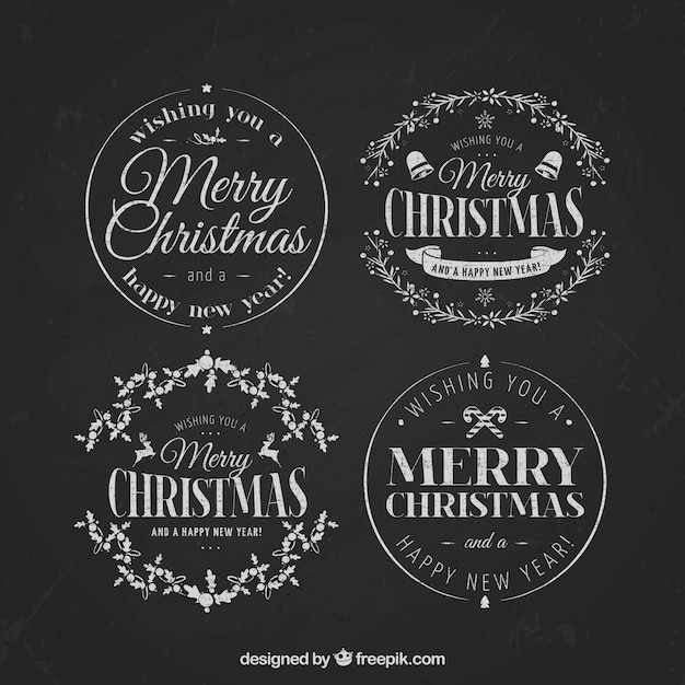 Free Vector four christmas badges in retro style with floral details