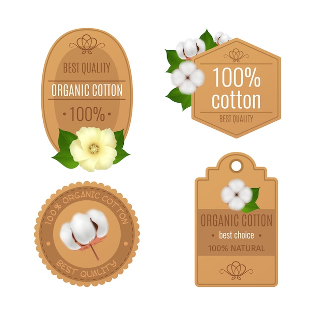 Free Vector four cotton emblems labels realistic transparent icon set with best quality organic cotton and natural descriptions