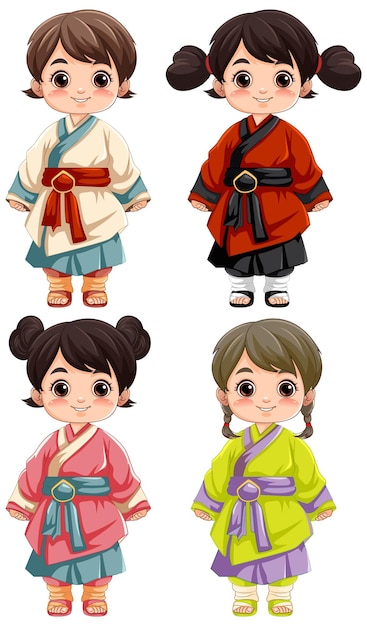 Free Vector four cute asian girls in traditional outfit