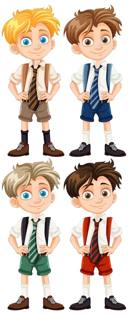 Free Vector four cute boys in school uniform