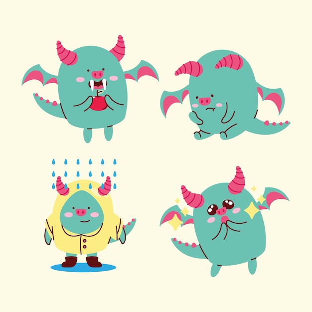 Free Vector four demons kawaii characters