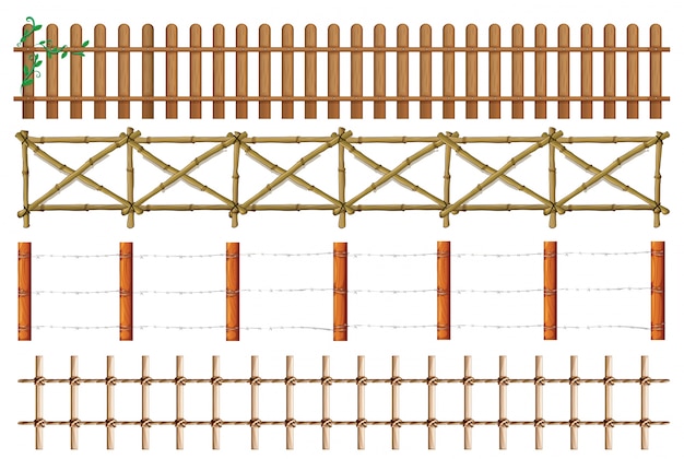 Four designs of wooden fence illustration