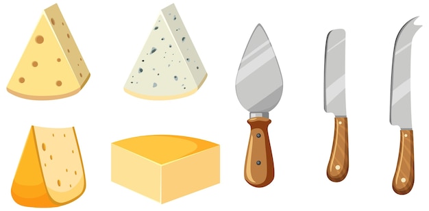 Free Vector four different cheese with cheese cutting tools