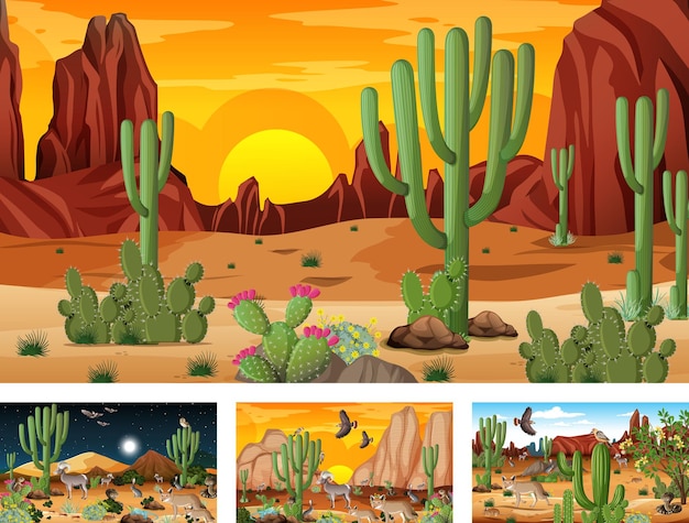 Free Vector four different desert forest landscape scenes with animals and plants