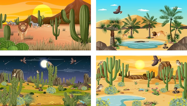 Four different desert forest landscape scenes with animals and plants