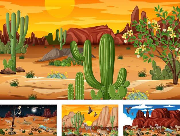 Four different desert forest landscape scenes with animals and plants