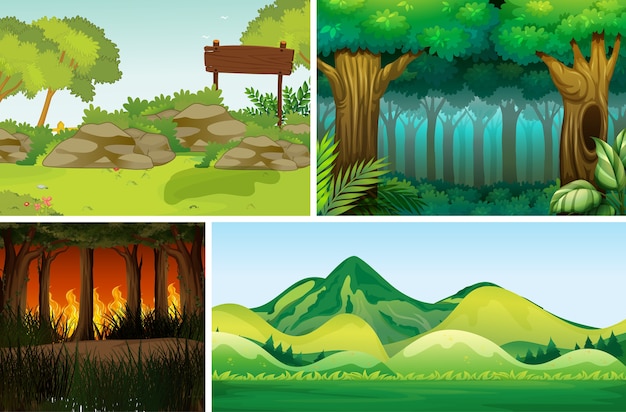 Four different natural disaster scenes of forest cartoon style