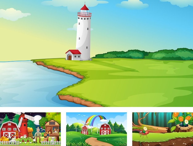 Free Vector four different nature horizontal scene