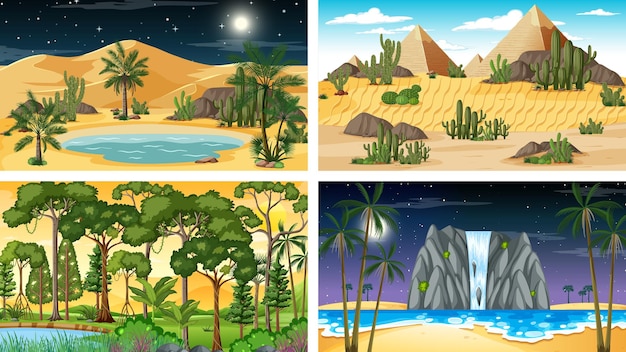 Free Vector four different nature horizontal scenes