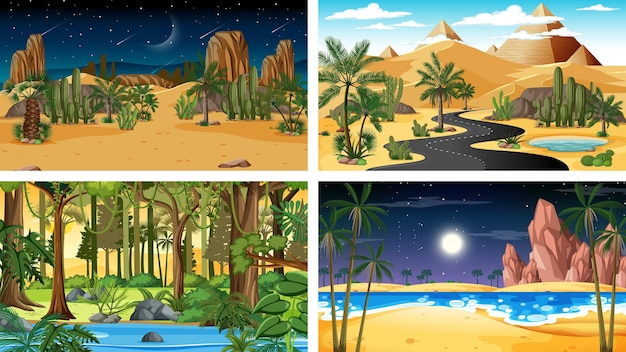 Free Vector four different nature horizontal scenes