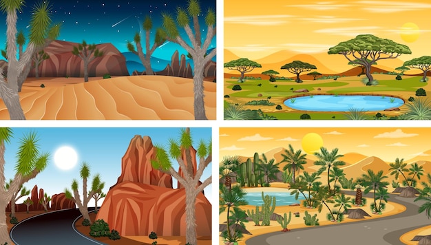 Free vector four different nature horizontal scenes