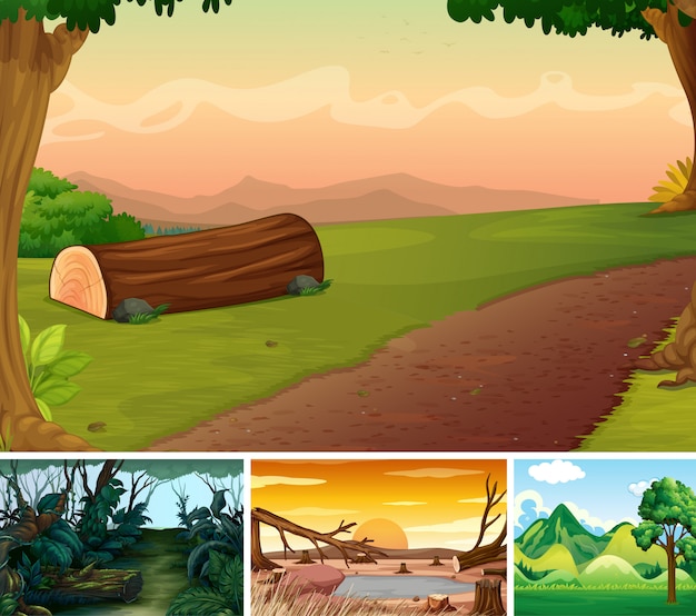 Four different nature scene of forest cartoon style