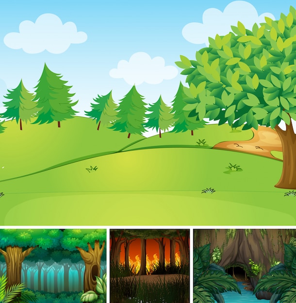 Free Vector four different nature scene of forest and swamp cartoon style