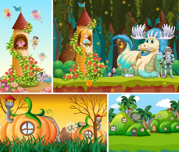 Free Vector four different scene of fantasy world with beautiful fairies in the fairy tale and dragon with knight and pumpkin house village