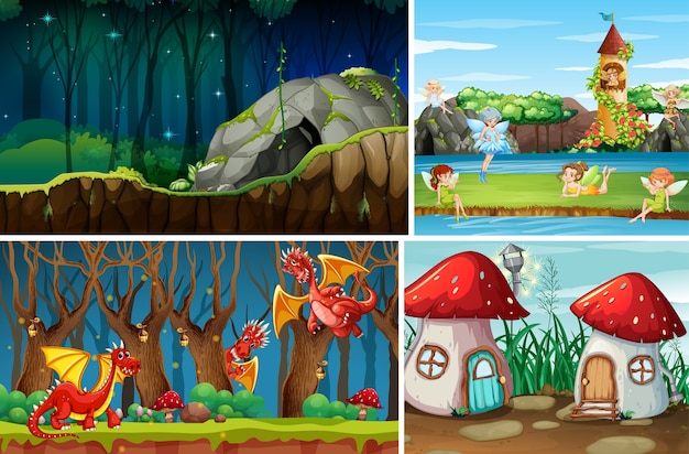 Free vector four different scene of fantasy world with fantasy places and fantasy characters such as dragons and fairies