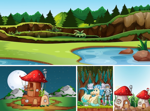 Free Vector four different scene of fantasy world with fantasy places and fantasy characters