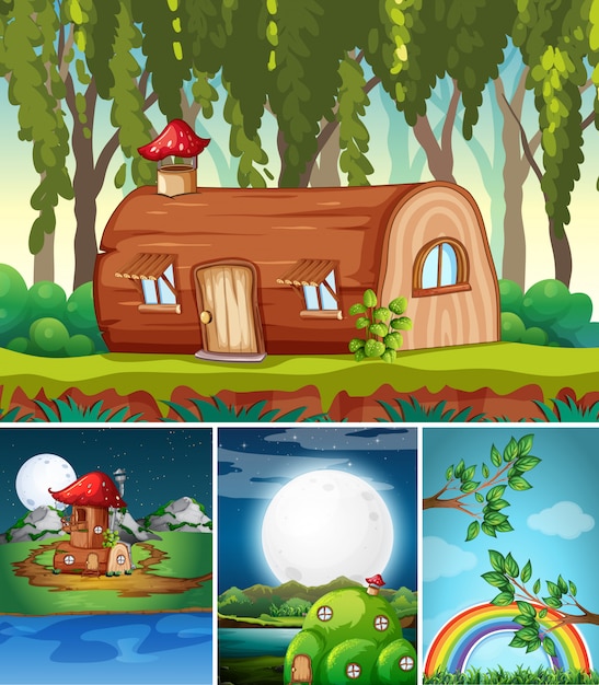 Four different scene of fantasy world with fantasy places such as log house