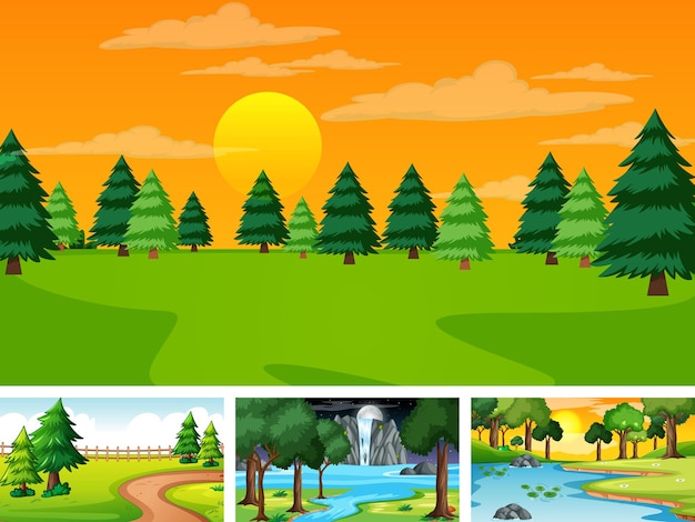 Free Vector four different scene of nature park and forest