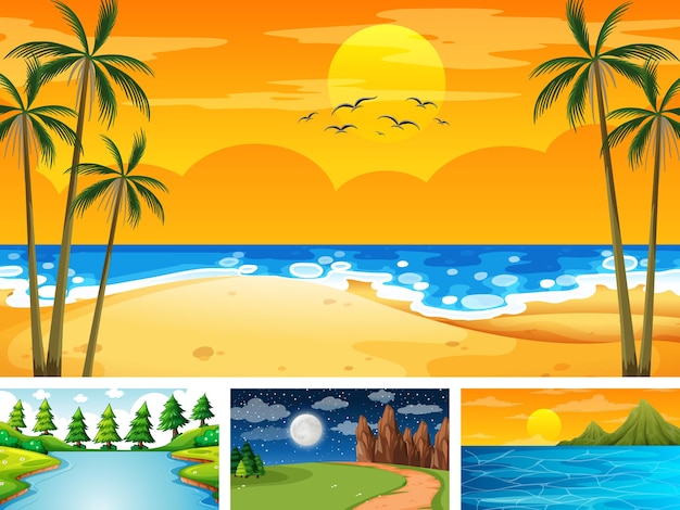 Free Vector four different scene of nature park and forest