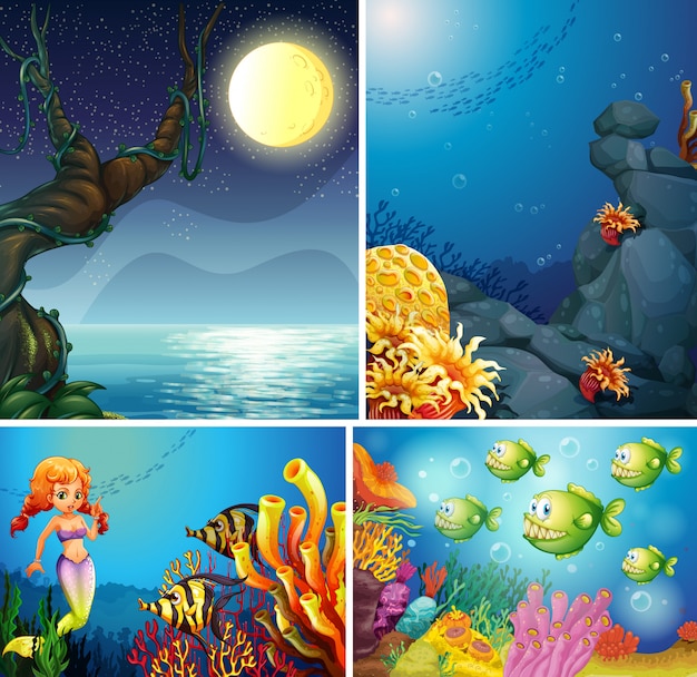 Free Vector four different scene of tropical beach at night and mermaid underwater with sea creater cartoon style