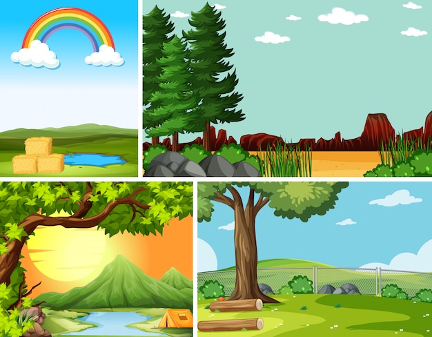 Free Vector four different scenes in nature setting cartoon style