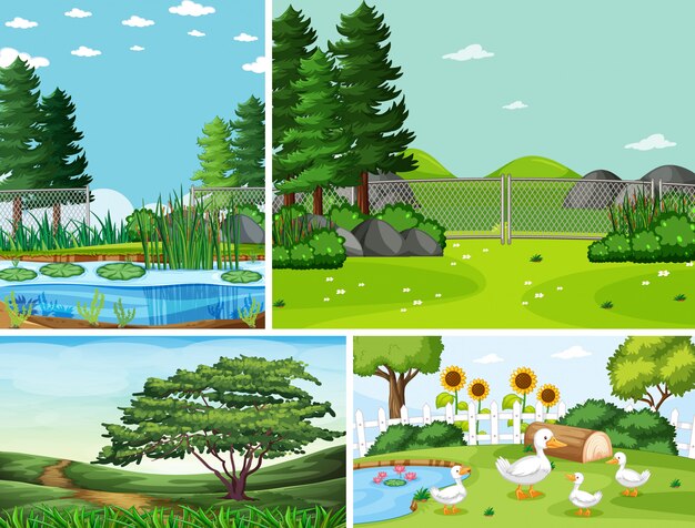 Four different scenes in nature setting cartoon style