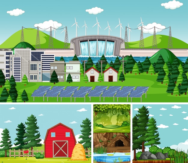 Four different scenes in nature setting cartoon style