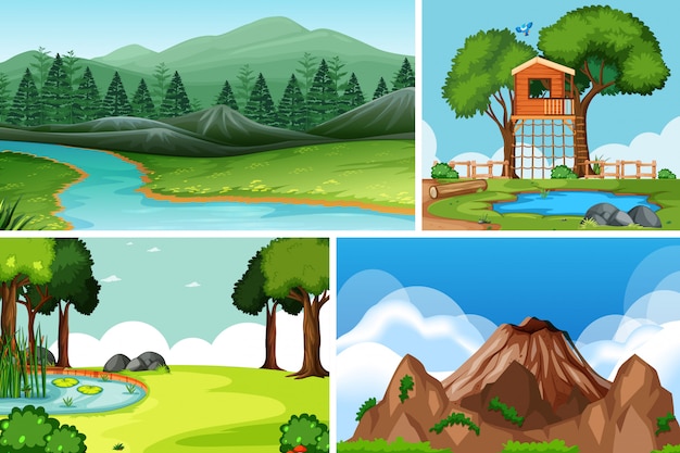 Four different scenes in nature setting cartoon style