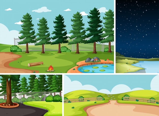 Four different scenes in nature setting cartoon style