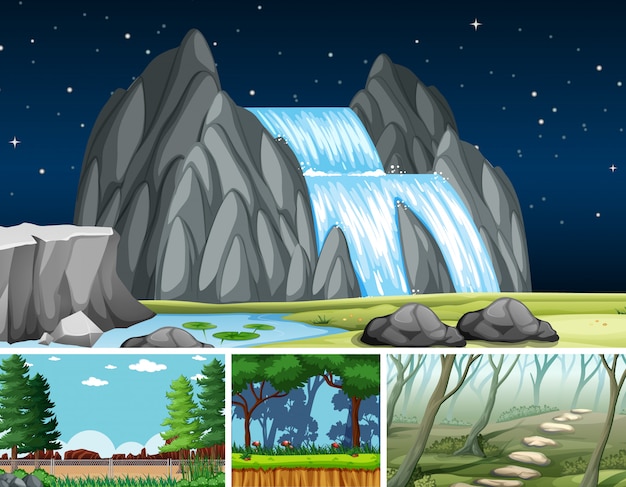 Four different scenes in nature setting cartoon style