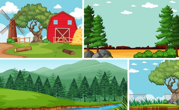 Four different scenes in nature setting cartoon style