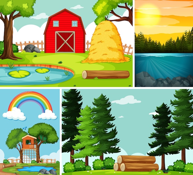 Four different scenes in nature setting cartoon style