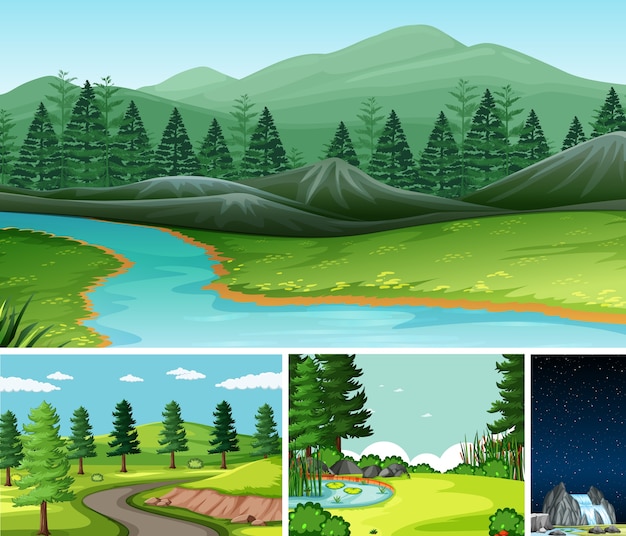 Free vector four different scenes in nature setting cartoon style