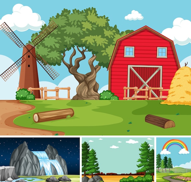 Four different scenes in nature setting cartoon style