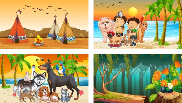 Four different scenes with children cartoon character