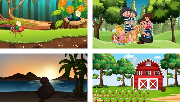 Four different scenes with children cartoon character