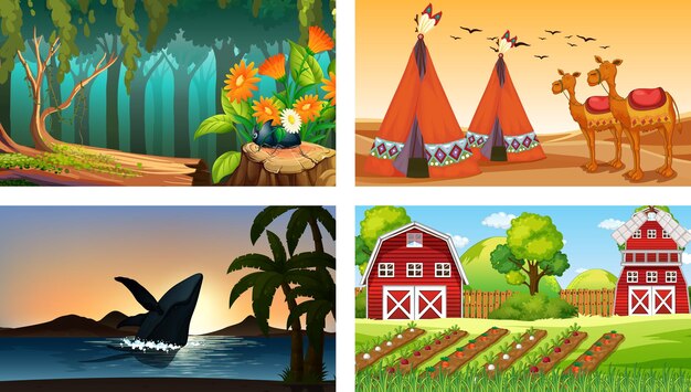 Four different scenes with various animals cartoon character