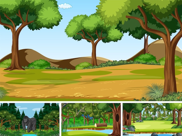 Free Vector four forest scenes with many trees