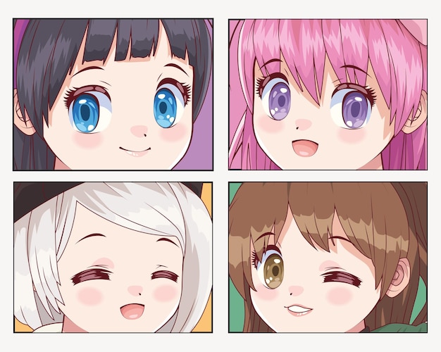 Free vector four girls anime style characters