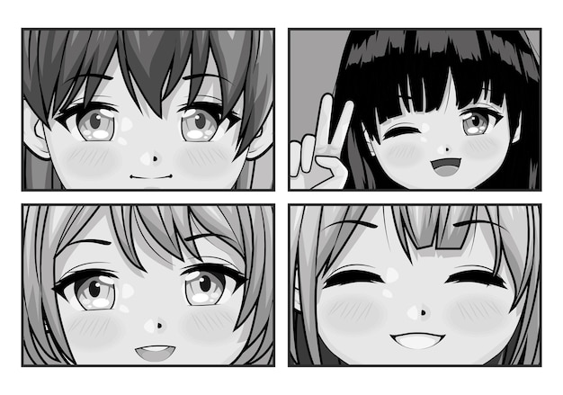 Free Vector four girls monochrome anime