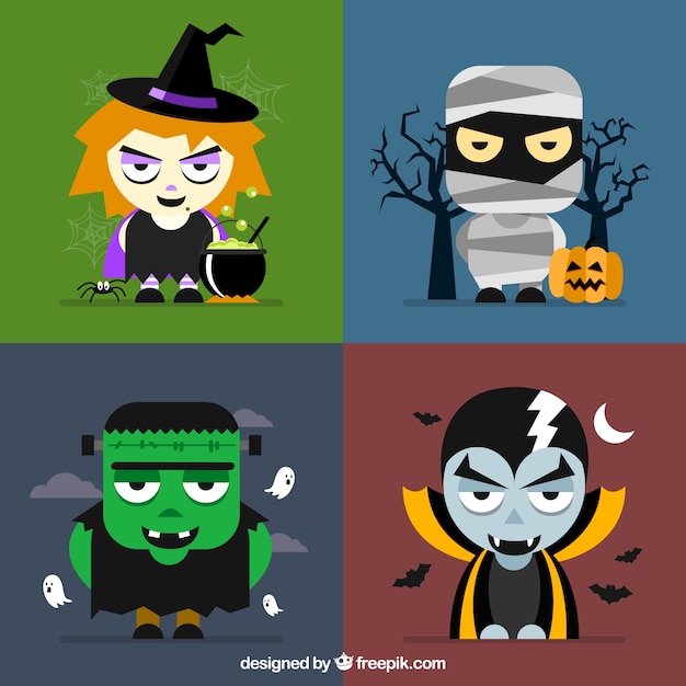 Four halloween characters on various backgrounds