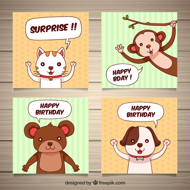 Four hand drawn birthday cards with animals