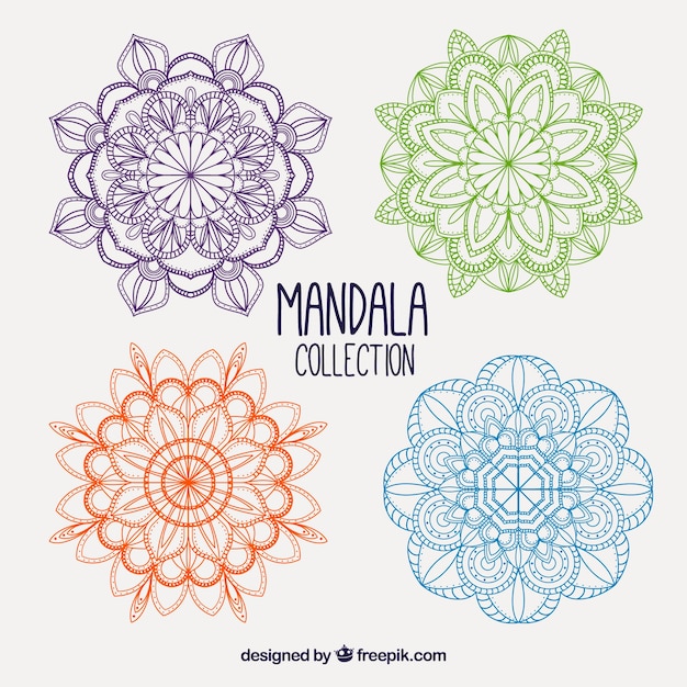 Four hand drawn mandalas of colors 